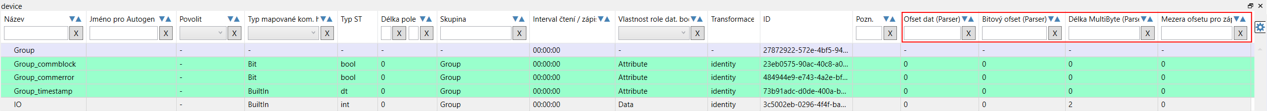 Mapování modbusových parametrů